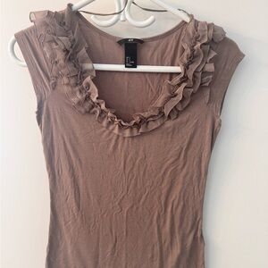 H&M Ruffled Cap Sleeve Top in Brown
